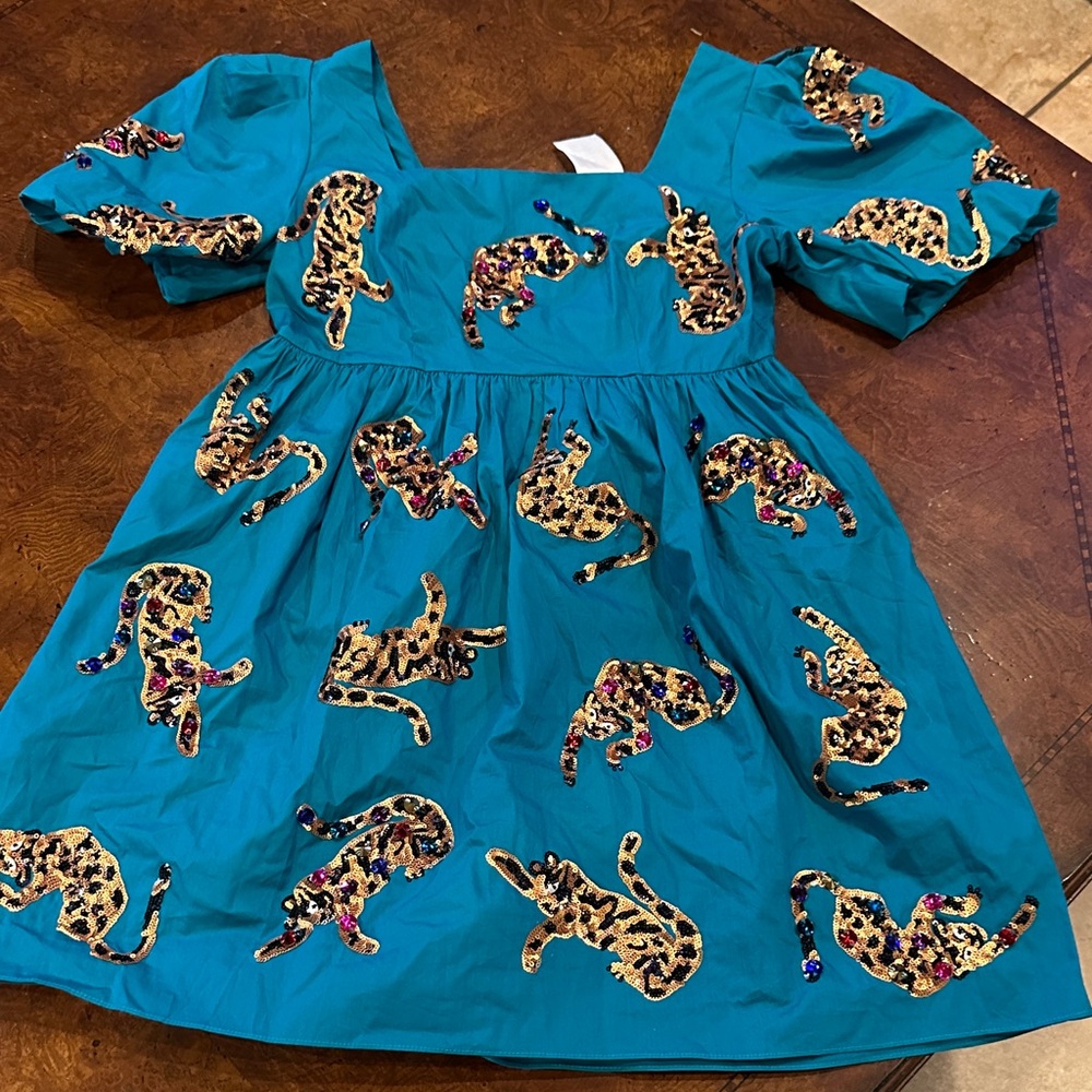 QUEEN OF SPARKLES Teal Dress with Leopard Sequins & rhinestones